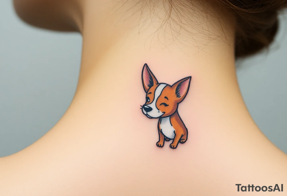 One line tattoo of female dog with white strip going up dog’s snout slightly off centered. With young slightly out tattoo idea