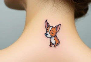 One line tattoo of female dog with white strip going up dog’s snout slightly off centered. With young slightly out tattoo idea