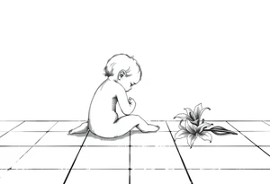 A simple tile floor with a minimalist silhouette of a curled up child sitting on the floor with a lily next to her tattoo idea