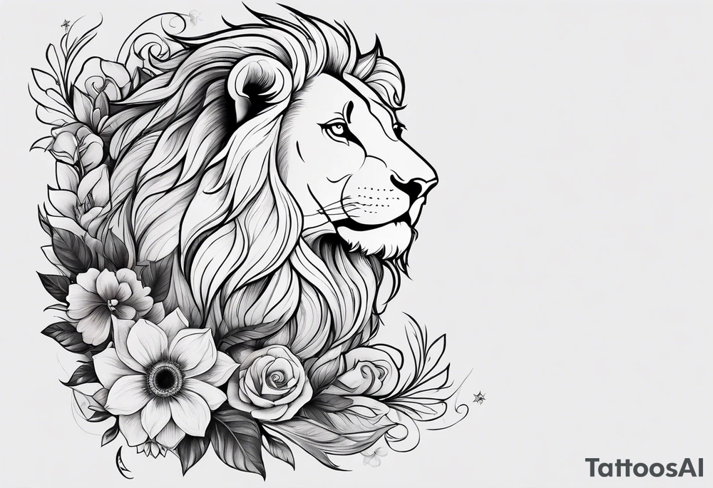Black Lion with flowers and a crescent moon on forehead tattoo idea