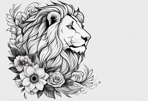 Black Lion with flowers and a crescent moon on forehead tattoo idea