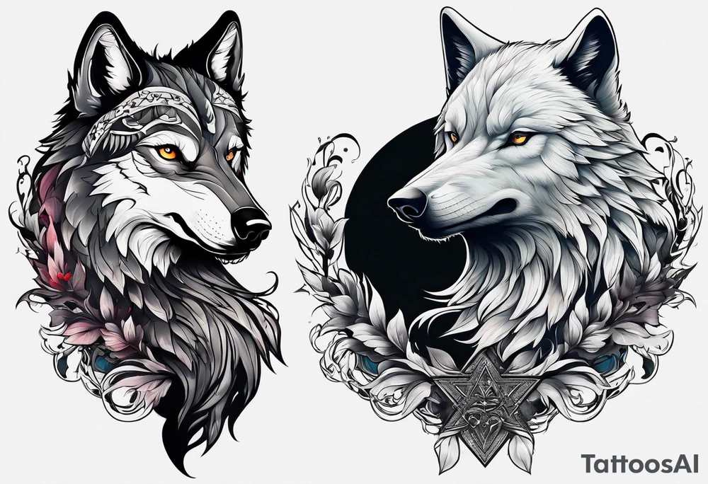 a wolf and a raven back to back facing opposite direction tattoo idea