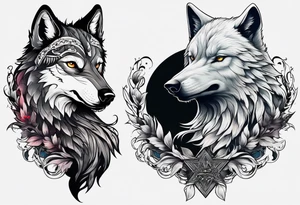 a wolf and a raven back to back facing opposite direction tattoo idea