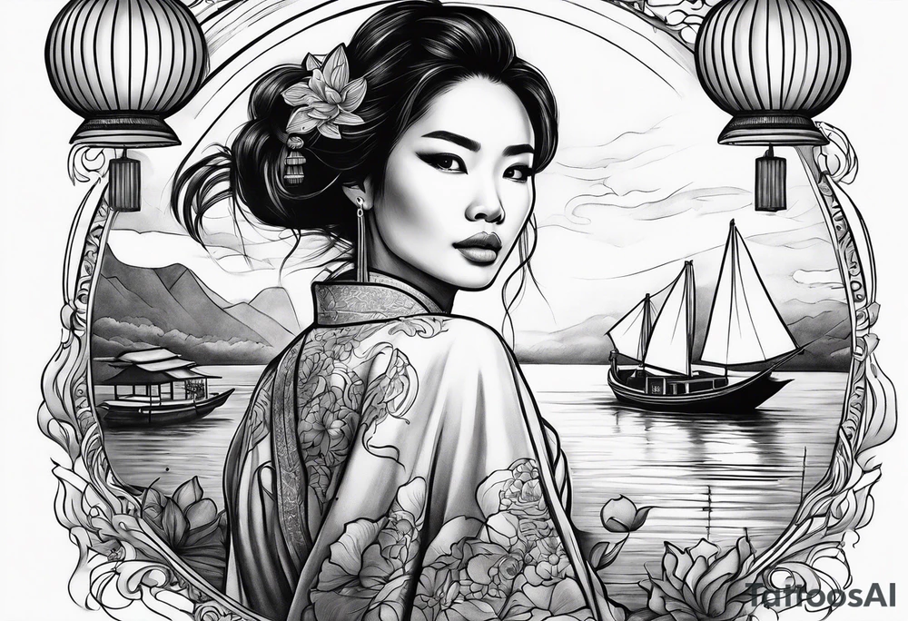 vietnamese lady on boat, water, lanterns, sunset tattoo idea