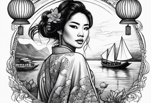 vietnamese lady on boat, water, lanterns, sunset tattoo idea