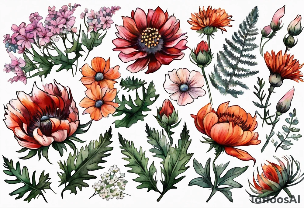 wildflowers with thistles, ferns, white flowers, cream flowers, pink flowers, burnt orange flowers, red flowers and all in watercolor tattoo idea