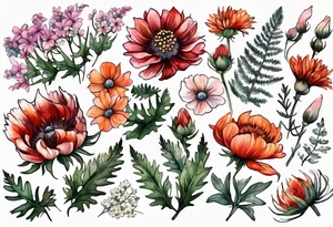 wildflowers with thistles, ferns, white flowers, cream flowers, pink flowers, burnt orange flowers, red flowers and all in watercolor tattoo idea