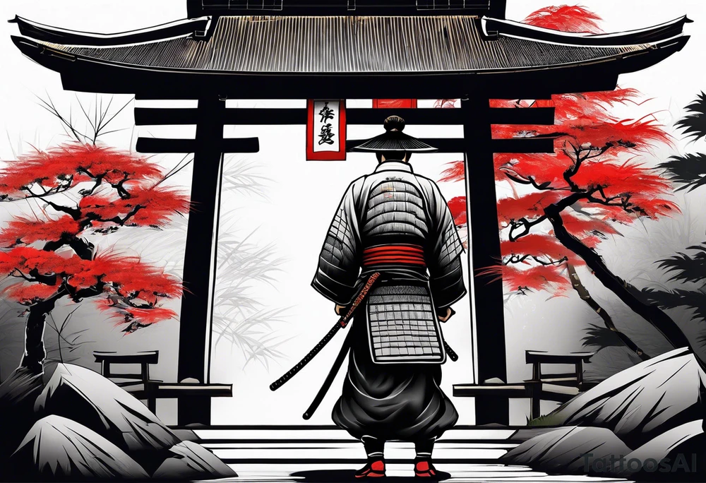 Irezumi style samurai in front of shinto shrine in bamboo grove tattoo idea