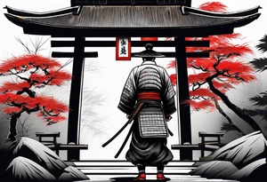 Irezumi style samurai in front of shinto shrine in bamboo grove tattoo idea