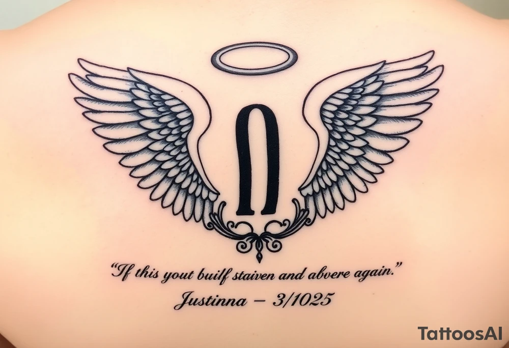 A semicolon intertwined with angel wings and a halo. At the bottom add this quote "If tears could build a stairway, and memories a lane, I'd walk right up to heaven and bring you home again." And also add my mother's name somewhere (Justina Eileen) and these dates 7/10/1984 - 3/6/2025 tattoo idea