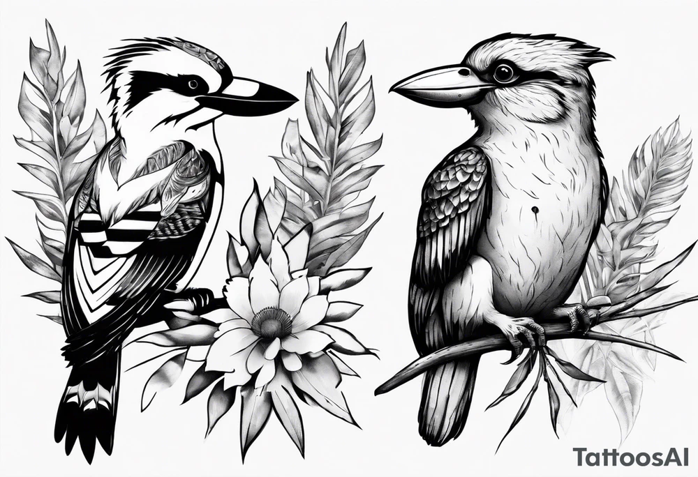 Kookaburra sitting with a koala sitting on wattle and eucalyptus leaves tattoo idea