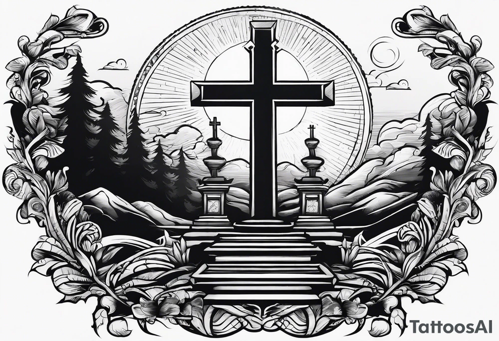 Tomb with cross and sun in the background tattoo idea