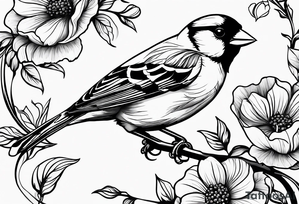 Generate a tattoo design of a goldfinch surrounded by delicate vines, emphasizing its bright colors and playful nature tattoo idea