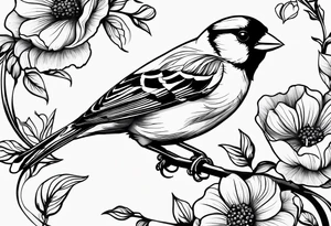 Generate a tattoo design of a goldfinch surrounded by delicate vines, emphasizing its bright colors and playful nature tattoo idea