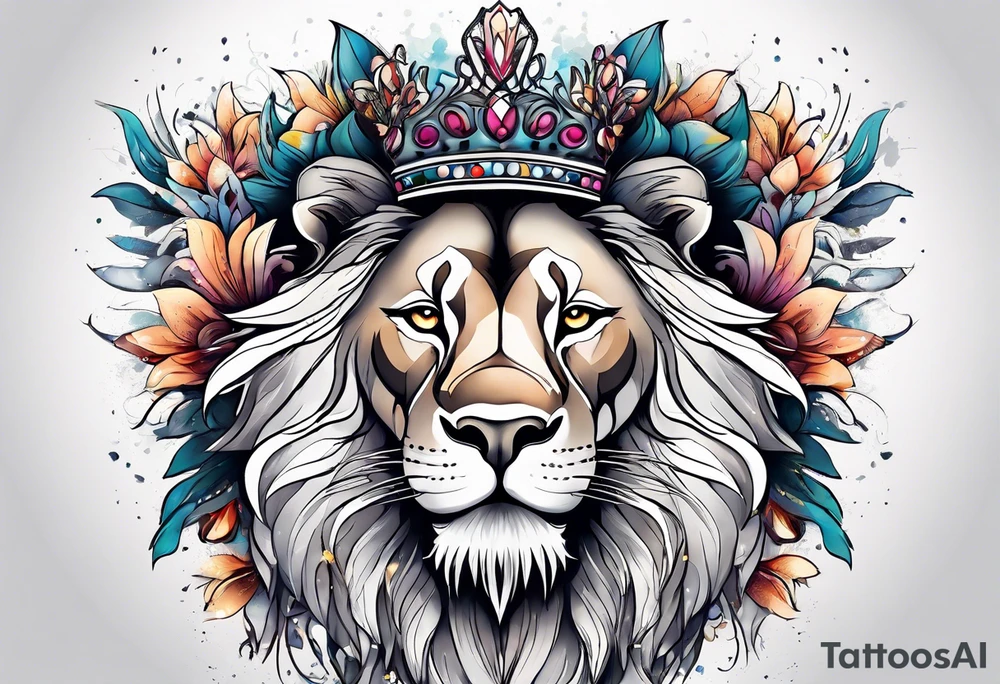 African lion covered in lilies butterflies crown mane made of feathers tattoo idea
