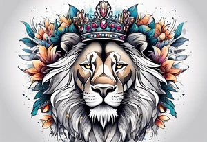 African lion covered in lilies butterflies crown mane made of feathers tattoo idea