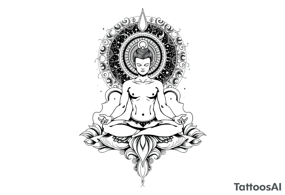 a figure sitting in lotus position meditating based on the lyrics “doing time in the universal mind” by the doors - with a psychedelic trippy background as the meditation expands out from his head into the universe / cosmos tattoo idea