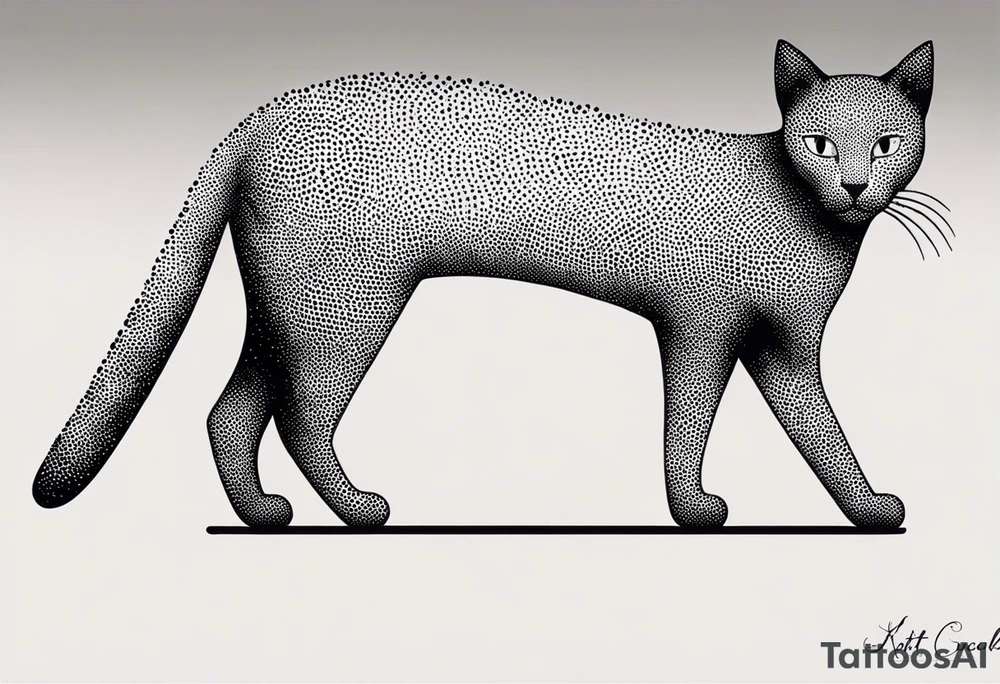 Design a simple outline tattoo of a cat stretching, embodying grace and flexibility, perfect for a subtle yet expressive design tattoo idea