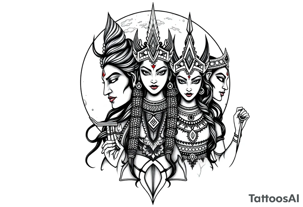 Lord Shiva, Godess Kali, Godess Lilith Together with the moon in the background tattoo idea