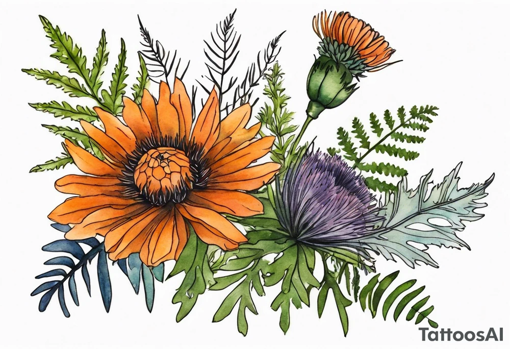 mixed wildflower bouquet with ferns, burnt orange flower, thistle and with watercolor to go along foot tattoo idea