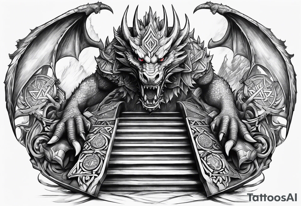 Valhalla sword shield dragon axe Valknut stairs tattoo idea