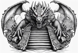 Valhalla sword shield dragon axe Valknut stairs tattoo idea