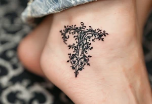 A delicate lace-like "T" in faded charcoal with a vintage feel. tattoo idea