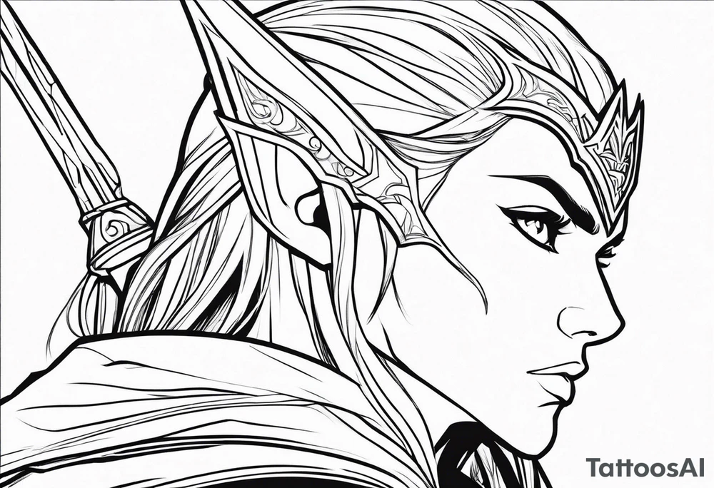 Sketch a 3/4 profile of an androgynous elven warrior with a majestic, epic, and heroic facial appearance and short hair in a fantasy comic book style. Sketch only in simple, clean contour lines. Sketch with dynamic movement rendered only in thick outer lines of black ink, with only outer strokes and contours. The genderless elf's face has a serious, resolute expression, and the figure holds an ornate sword in his hand. Create a backdrop with the moon and mountains on the horizon forming the setting behind the character. The figure has narrow eyes, furrowed brows, and lips pressed into a thin, strong line, demonstrating unwavering determination framed by the silhouette of a royal crown of metal leaves. The elven features are defined by hard, defined cheekbones, an angled, defined forehead, a hard, strong jaw, and strong, pointed ears. Sketch only with outer contours in black ink; art should be high contrast black and white only. Sketch is just outer lines with black ink concept art style, developed for fantasy comic book characters tattoo idea