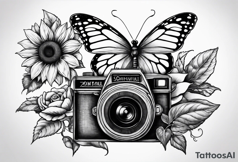 Butterfly, sunflower, camera, book, flower rose tattoo idea