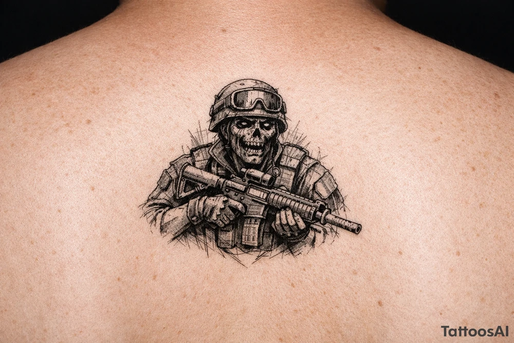 zombie in soldier-outfit,assault-rifle. tattoo idea