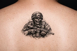 zombie in soldier-outfit,assault-rifle. tattoo idea
