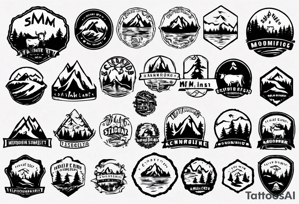 A logo for an outdoors company that includes an "S" and an "M". Includes a mountain, a lake, some trees, and a cow tattoo idea