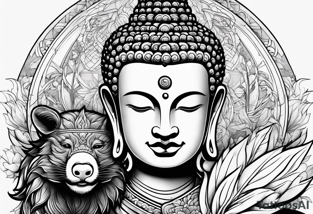 Buddha as a warrior with a wild boar nearby tattoo idea