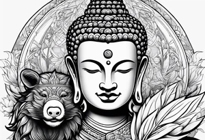 Buddha as a warrior with a wild boar nearby tattoo idea