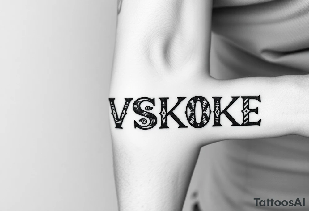 The word “MVSKOKE” shaded with Native American print tattoo idea