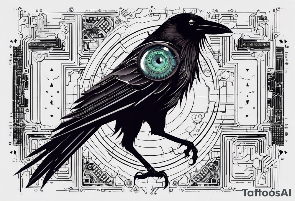 An epic-looking crow with intricate circuit boards and PCB designs running throughout its feathers. The crow's eye features a tiny CPU fitting perfectly in its pupil. The tattoo will be placed on the outer bicep, primarily in black ink with a small splash of color to make certain elements pop. tattoo idea