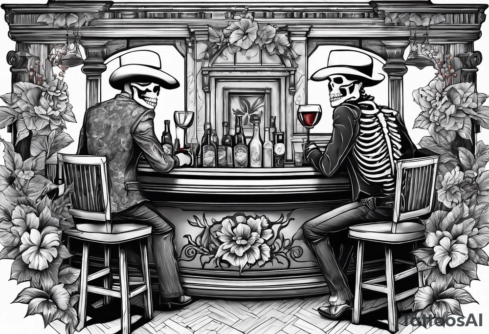a bar scene with a skeleton couple with hibiscus flowers. western style tattoo idea