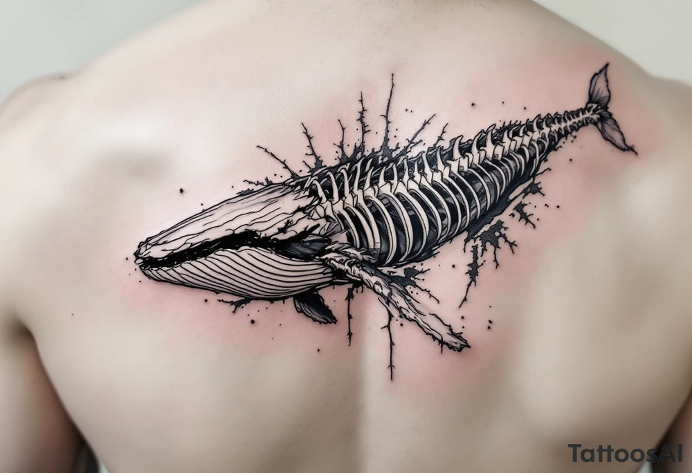 idea is basically a whale that's damaged and torn exposing the skeletal innerts, but it's still fiercely moving forward as hard as it can. on the outline of the whale to have the text : "ただただ生きるのは嫌だ。世界は残酷だ それでも君を愛すよ。" tattoo idea