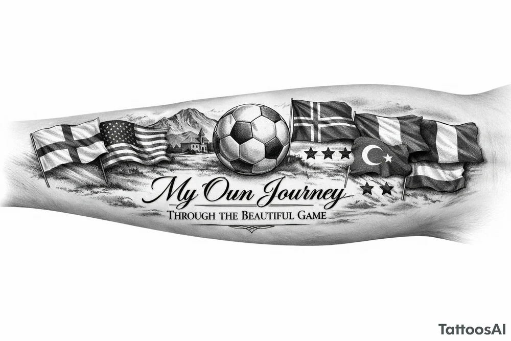 Football related my own journey England USA Iceland Italy Spain Turkey France Hungary flags inside forearm can u put 3 stars under iceland , 2 under turkey and italy
And quote in middle tattoo idea