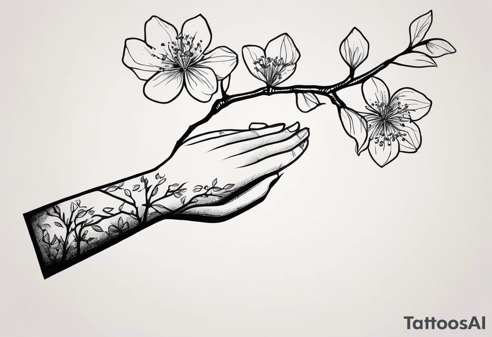 Sure thing! To guide the AI in drawing your tattoo design, you can provide step-by-step instructions like this:

1. Start by drawing a human hand pointing at a skeleton hand on the left shoulder.
2. From the wrist of the human hand, draw a cherry blossom branch sprouting out.
3. Let the branch travel down the arm, wrapping around the bicep once.
4. Narrow the branch to fit through a 7 cm gap on the forearm.
5. Finally, end the branch in a 10 cm gap on the wrist, adding more blossom flora to complete the design.

These detailed instructions should help the AI create a visual representation of your envisioned tattoo. tattoo idea