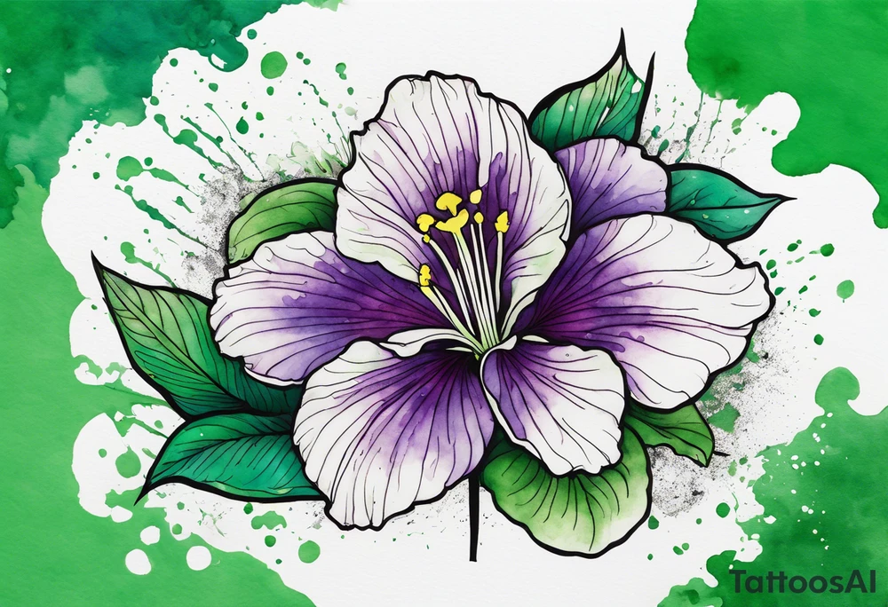 An outline of an only green rio dipladenia flower and a green and purple watercolor splash in the background tattoo idea