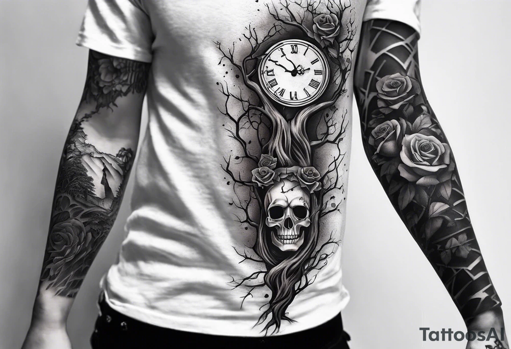 tattoo sleeve, tree roots break out of the chains at the bottom of the hand, Symbolizing loss, an image of a broken mask, Clock with flying numbers, girl, skull, roses tattoo idea