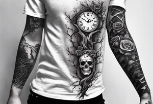 tattoo sleeve, tree roots break out of the chains at the bottom of the hand, Symbolizing loss, an image of a broken mask, Clock with flying numbers, girl, skull, roses tattoo idea