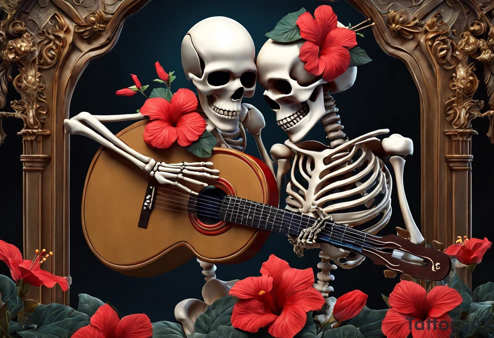 a female skeleton holding a hibiscus flower and a male skeleton playing a guitar. The scene should capture a moment of connection between the two, with the female skeleton attentively listening to the music played by the male skeleton. Emphasize the details of the hibiscus flower,  and the fluidity of the music being played on the guitar. tattoo idea