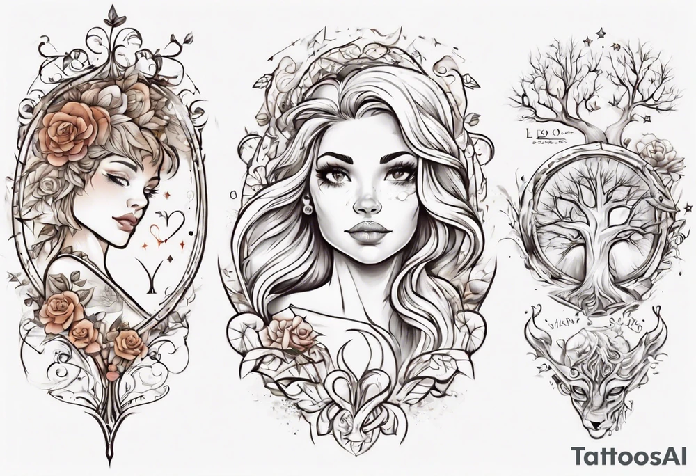 Female forearm, daughter, son, fairytale, family tree, leo tattoo idea