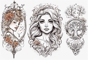 Female forearm, daughter, son, fairytale, family tree, leo tattoo idea