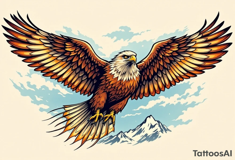 A majestic eagle in flight with wings spread wide, its feathers detailed in shades of deep brown, gold, and cream. The eagle’s sharp, focused eyes are outlined in black, with subtle accents of amber to create an intense gaze. The feathers on the wings have gradients of dark brown at the tips, transitioning to lighter golden hues towards the body. The background features a soft blue sky with wisps of clouds, adding a sense of movement and freedom. The eagle’s talons are outstretched, ready to grasp, with a slight glow around them, symbolizing power and dominance. A faint outline of a mountain range can be seen beneath the eagle, representing strength and resilience. tattoo idea