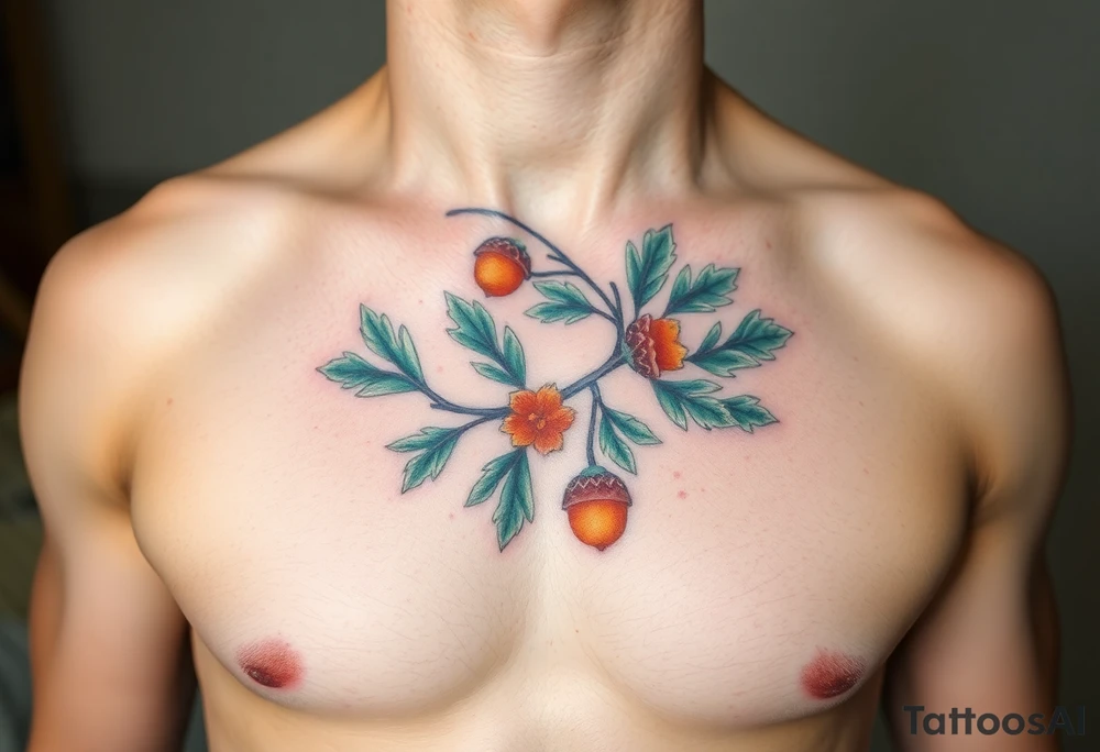 on the chest an oak branch with thick leaves and acorns oak branch with thick leaves and acorns tattoo idea