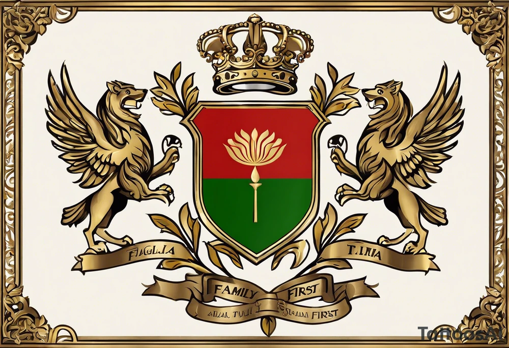 A custom family crest that includes symbols of strength and love.
The crest is divided into sections, each representing different family members with their names and dates.
Incorporate Italian elements such as the Italian flag or a laurel wreath.
The phrase "Famiglia Prima di Tutto" (Family First) prominently displayed on a banner below or above the crest. tattoo idea