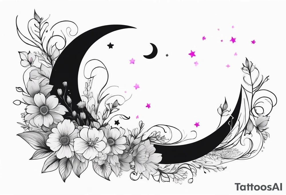 Crescent moon with a heart inside, shrouded by beautiful flowers with wisps of mist tattoo idea